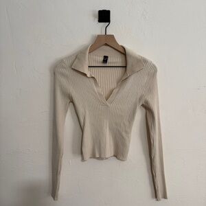 Windsor Cream Ribbed Collared Long Sleeve Top